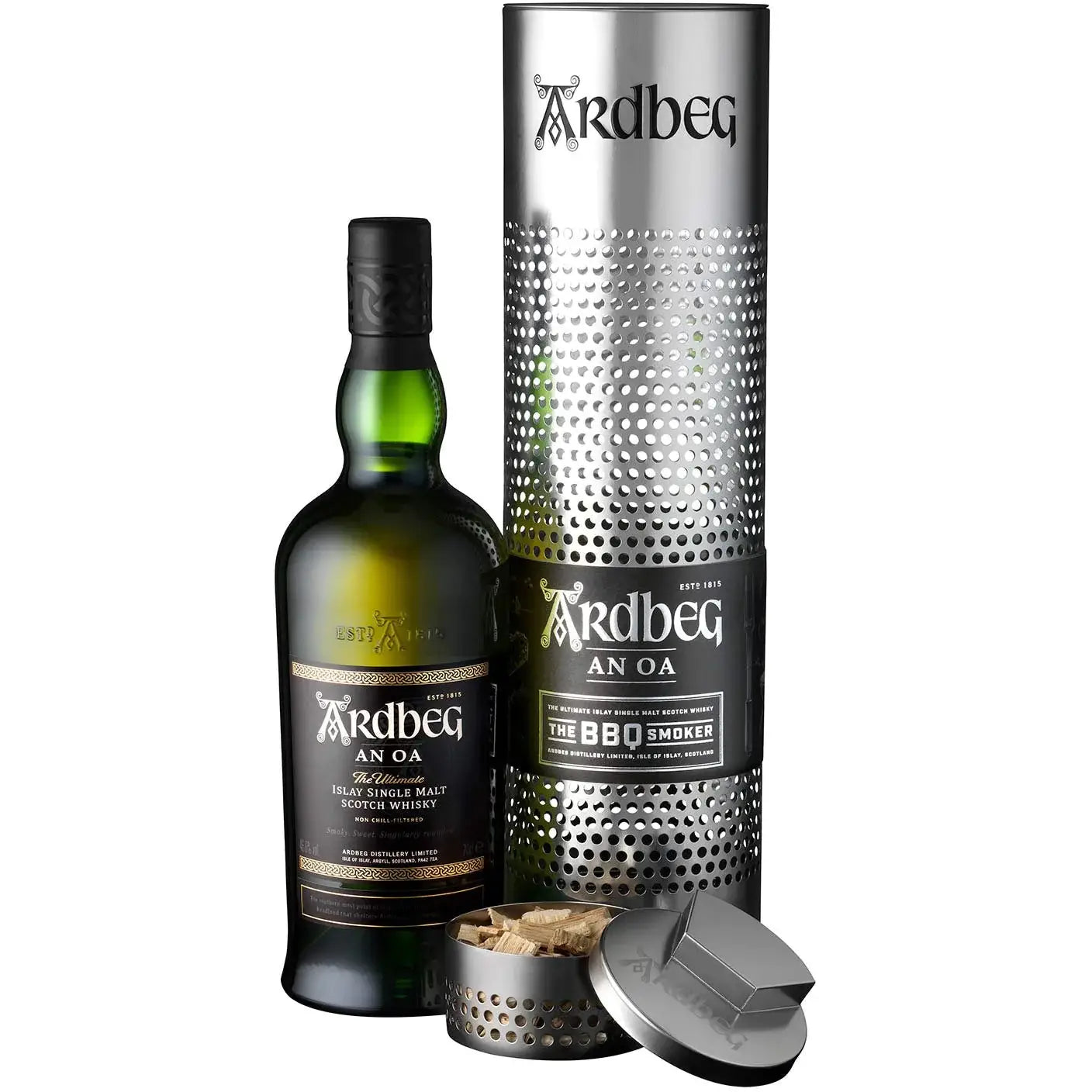 Buy Ardbeg An Oa whisky with BBQ smoker gift set, including bottle, metal tube, and wood chips.
