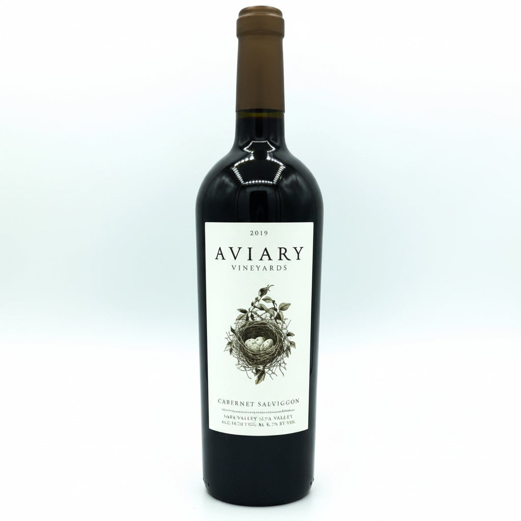 Aviary Cabernet Sauvignon 750mL bottle with dark glass and label featuring a sleek design, standing upright on a wooden surface.