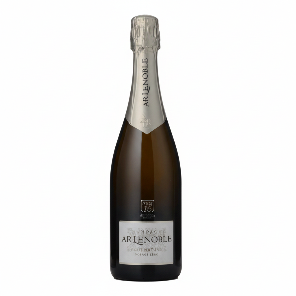 Lenoble Champagne Brut Nature Dosage Zero bottle with elegant label and clear glass showing pale golden sparkling champagne.