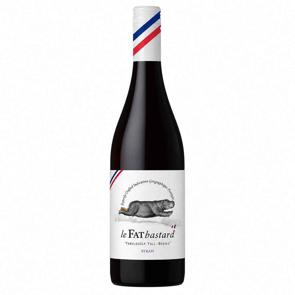 Bottle of Le Fat Bastard Syrah wine showing the label and dark glass bottle on a plain background.