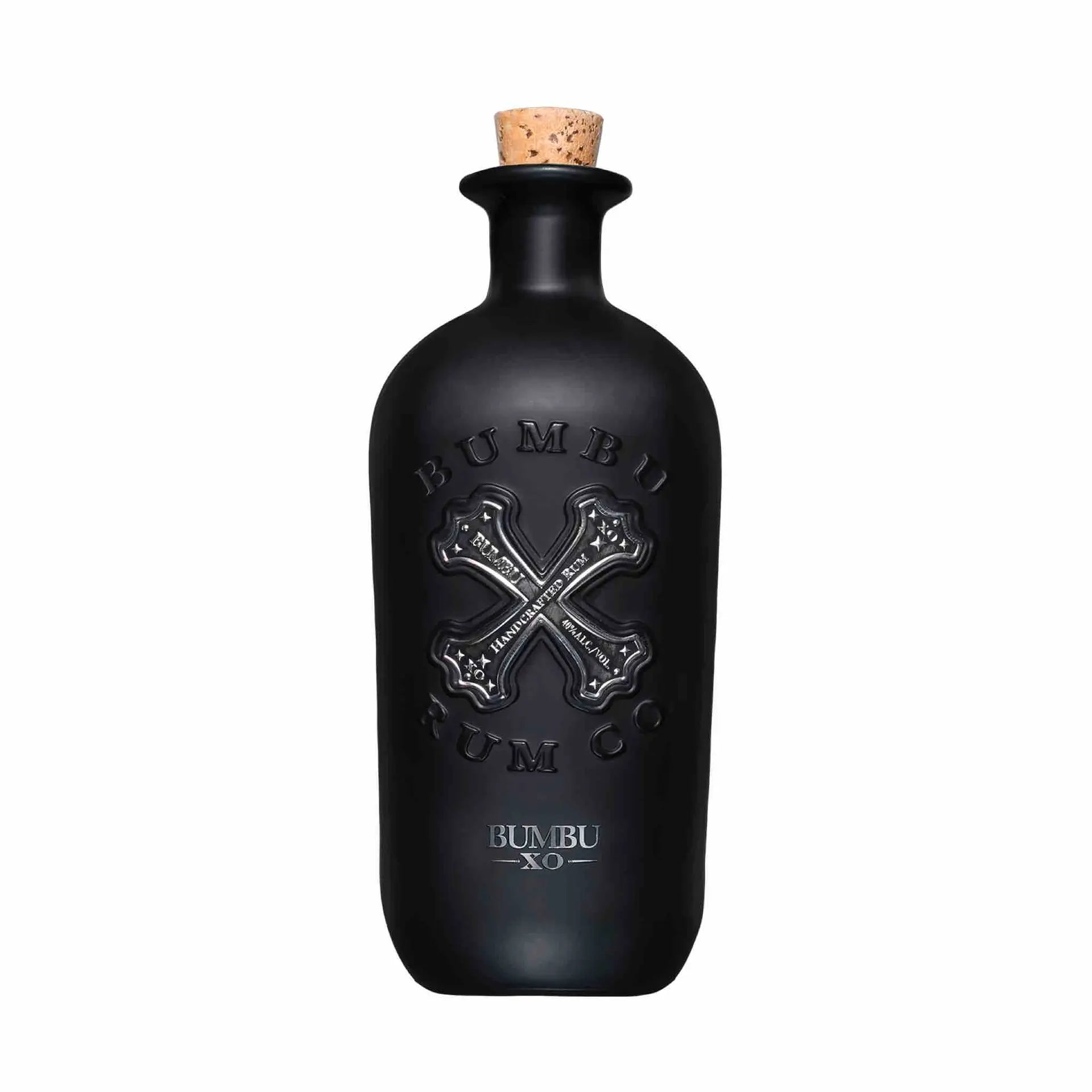 Buy Bumbu XO, a matte black rum bottle with embossed logo and cork top, spirits online