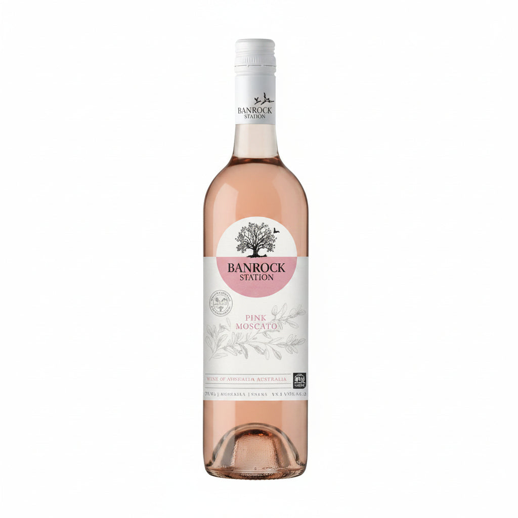 Bottle of Banrock Station Pink Moscato wine in a 750mL bottle with a pink label and elegant design.