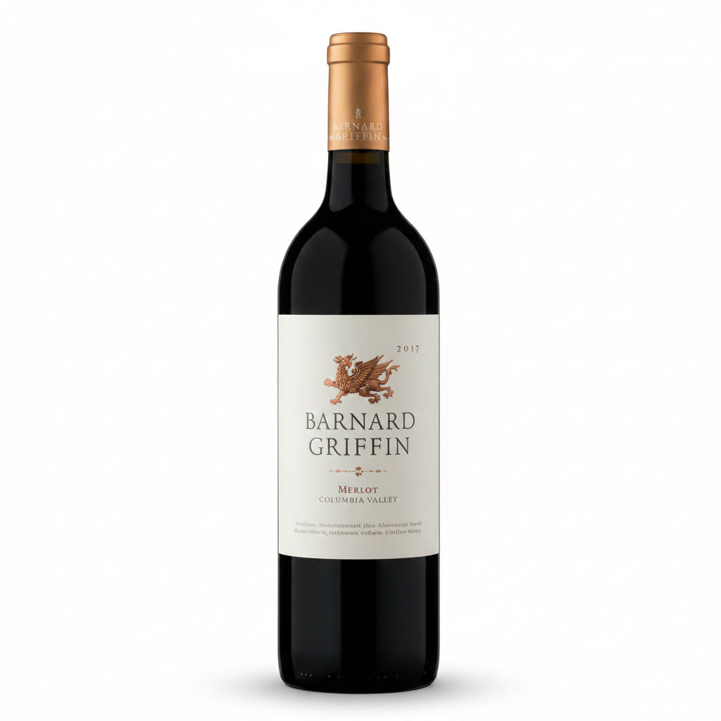Bottle of Barnard Griffin Merlot red wine in a 750mL bottle, featuring a label with a vineyard scene and elegant design.