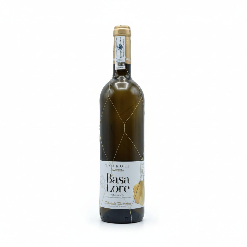 Bottle of Basa-Lore Txakoli de Getaria Igartzeta white wine in a 750mL bottle with a label featuring traditional designs.