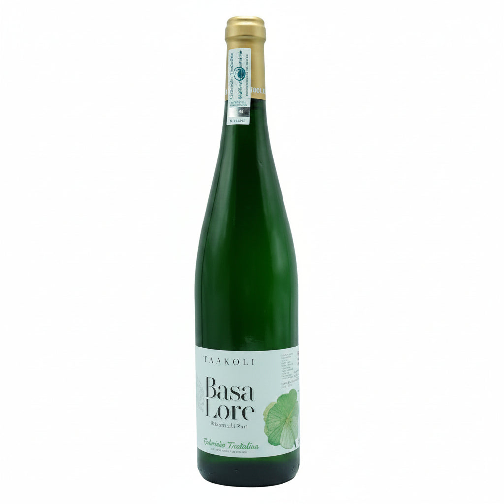 Basa-Lore Txakoli de Getaria Zero 750mL bottle with a white wine label and elegant design on a plain background.