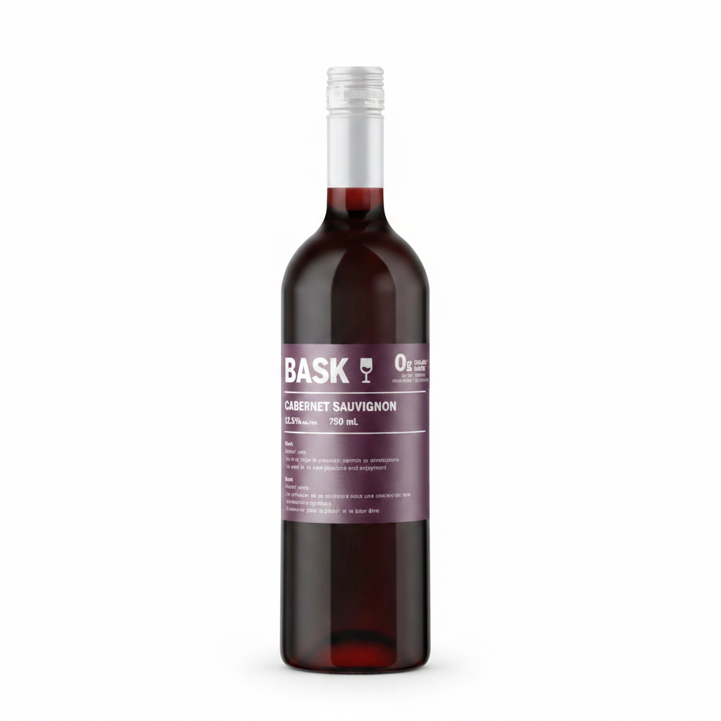 Bask Cabernet Sauvignon wine bottle 750mL with dark glass and label displaying the Bask brand and wine details.