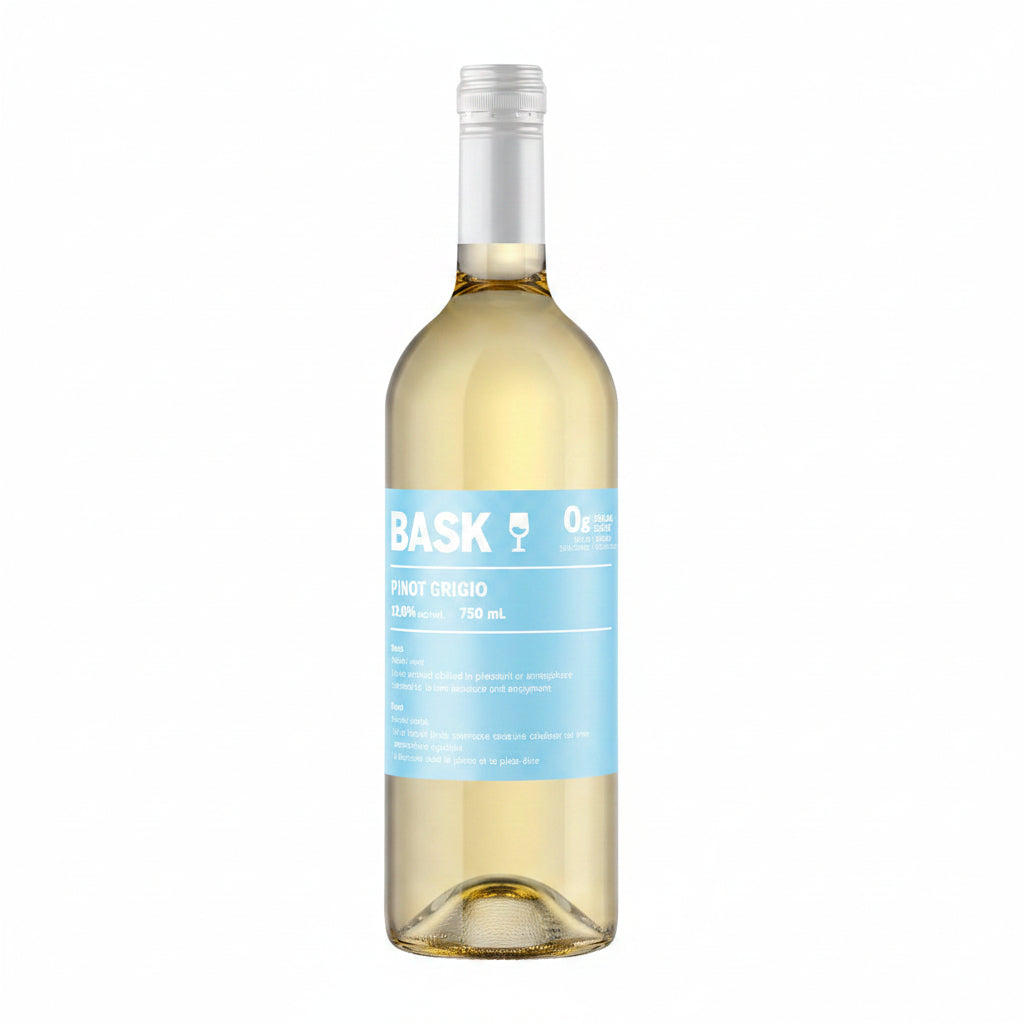 Bask Pinot Grigio 750mL bottle with white wine in clear glass bottle and label, on a neutral background.