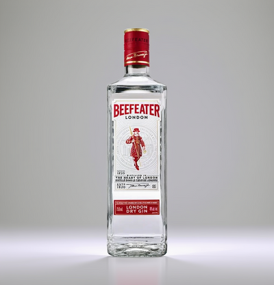 Beefeater London Dry Gin 750mL bottle with clear label and distinctive gin branding on a white background.