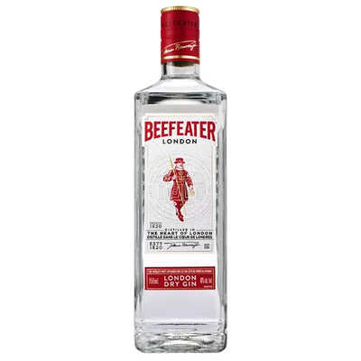 Bottle of Beefeater London Dry Gin 750mL with clear label and dark blue cap, showcasing classic gin packaging.
