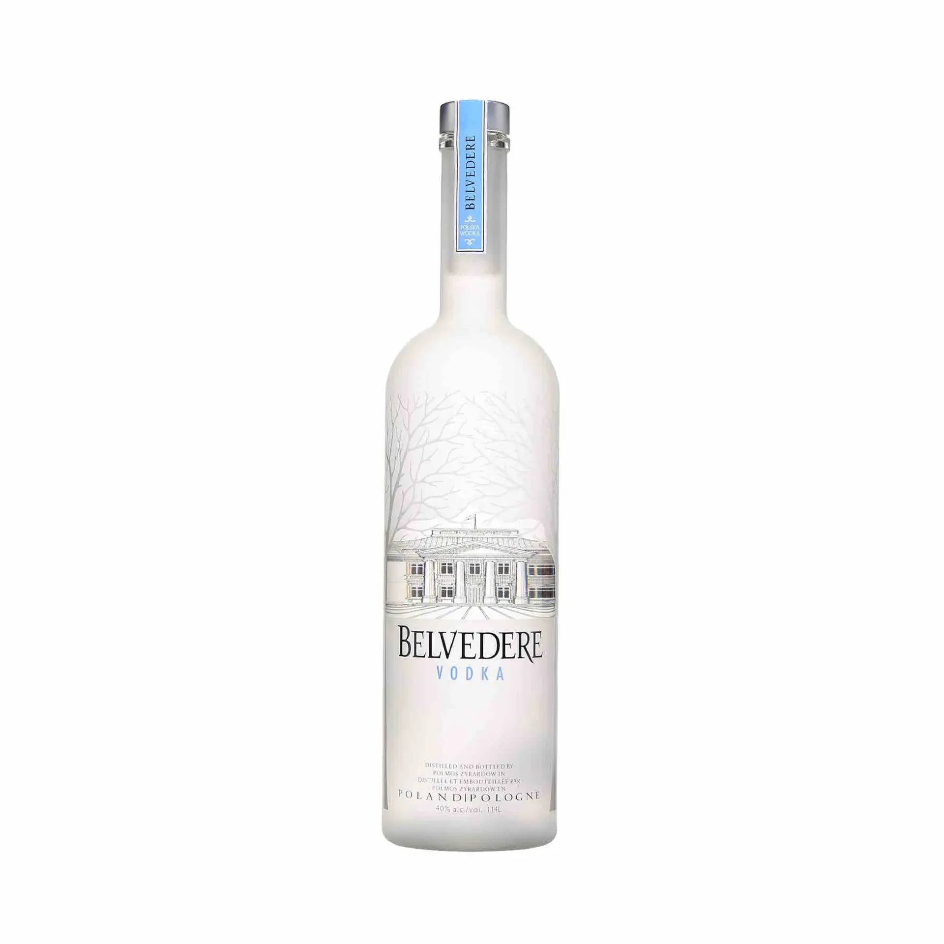 buy Belvedere Vodka 1.14L clear glass bottle with label and blue accents