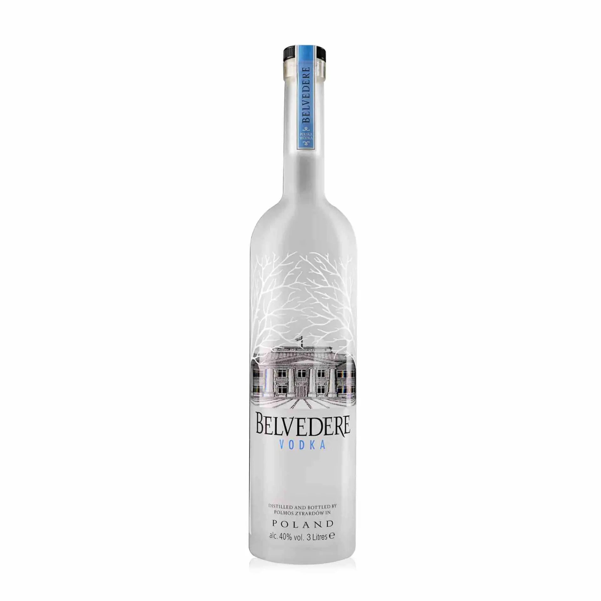 buy Belvedere Vodka 3L bottle, premium distilled spirit with frosted glass and tree design