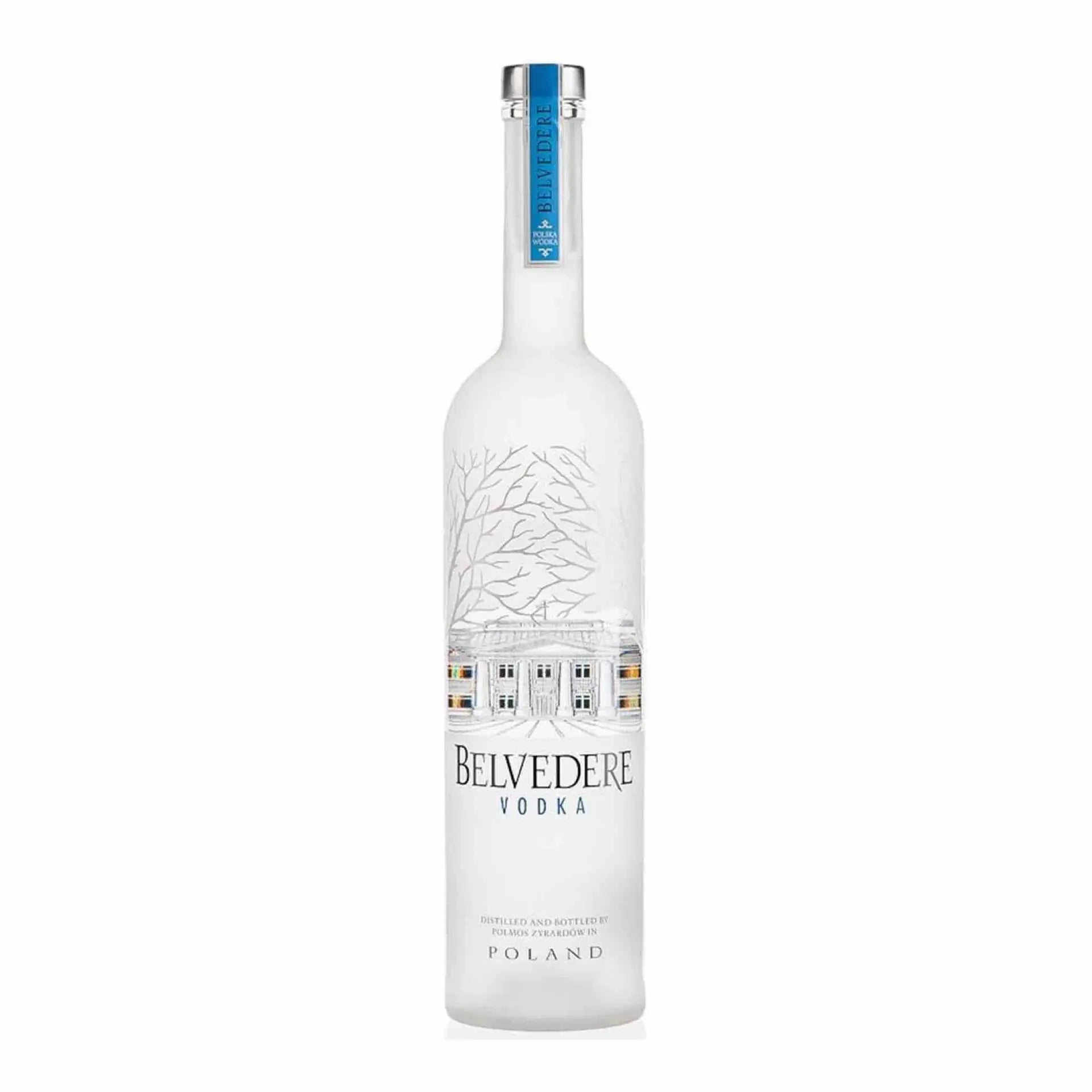 buy Belvedere Vodka 6L clear glass bottle with frosted design and blue label