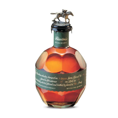 Bottle of Blanton's Special Reserve bourbon whiskey in a 750mL bottle with a distinctive label and unique stopper design.