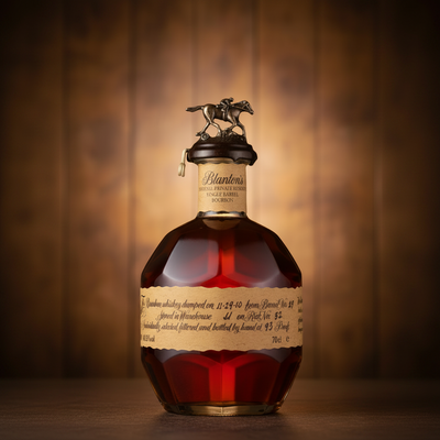 Bottle of Blanton's Original bourbon whiskey in a 750ml glass bottle with a distinctive horse-shaped stopper.