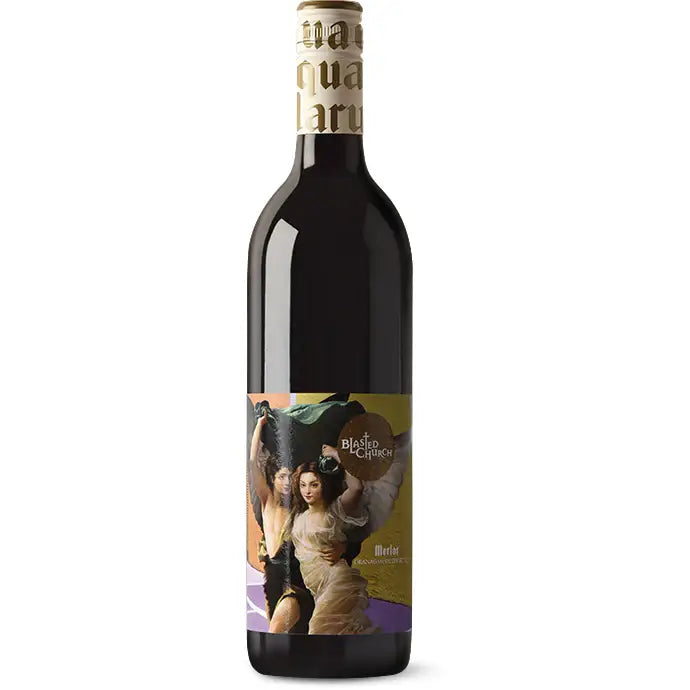Buy Blasted Church Merlot bottle with artistic label and gold foil top, red wine