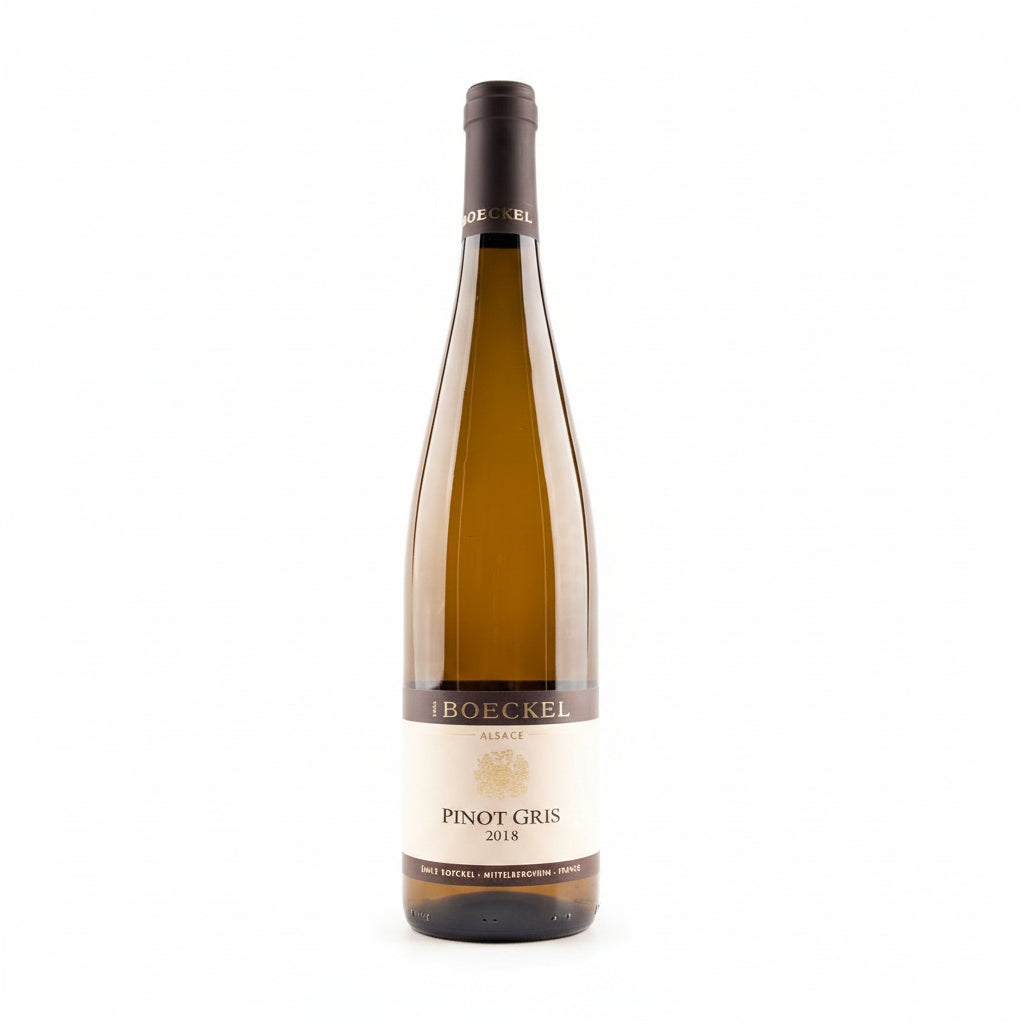 Boeckel Midelberg Pinot Gris wine bottle with label visible, showcasing a premium white wine from Boeckel winery.