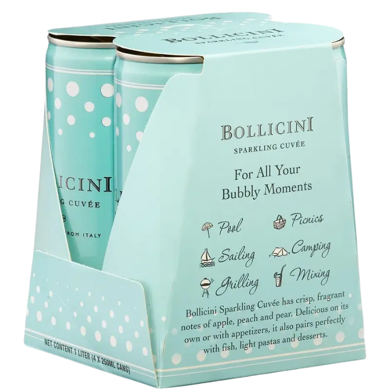 Buy Bollicini Sparkling Cuvée 4x250mL cans, light blue packaging with bubbly moments text