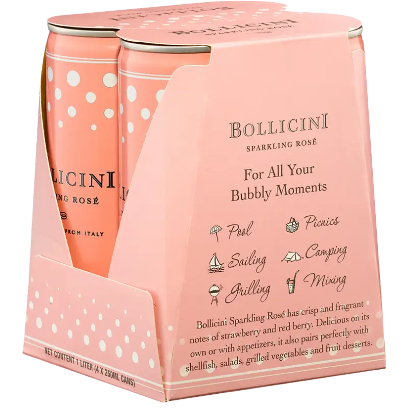 Buy Bollicini Sparkling Rose 4x250mL cans, pink packaging, ready to drink wine