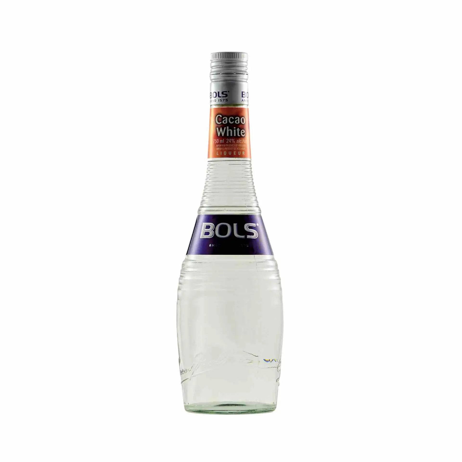 buy Bols Creme de Cacao White 750mL clear liqueur bottle on white background