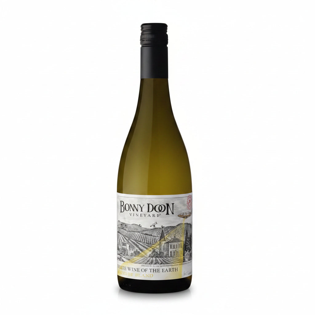 Bottle of Bonny Doon Le Cigare Blanc white wine in a 750mL bottle with a colorful label.