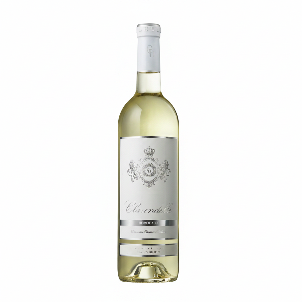Clarendelle Bordeaux Blanc wine bottle showing label and clear glass, highlighting the elegant white wine from Bordeaux region.