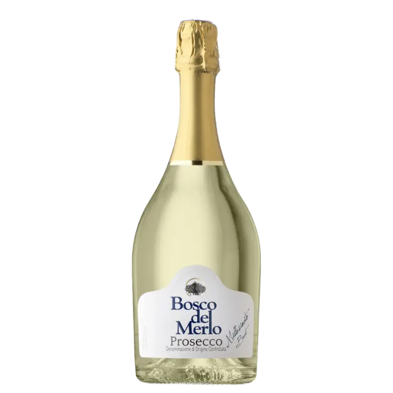 Buy Bosco del Merlo Prosecco Brut 750mL, sparkling wine bottle with gold foil top.
