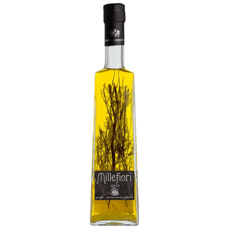 Buy Millefiori Liquore 500mL, yellow herbal liqueur in tall clear bottle