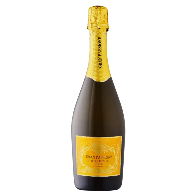 Buy Gran Passione Prosecco 750mL, elegant sparkling wine bottle with yellow label and foil