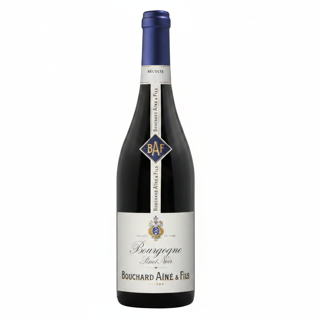 Bouchard Aine & Fils Bourgogne Pinot Noir wine bottle with label, dark glass and elegant design on a neutral background.