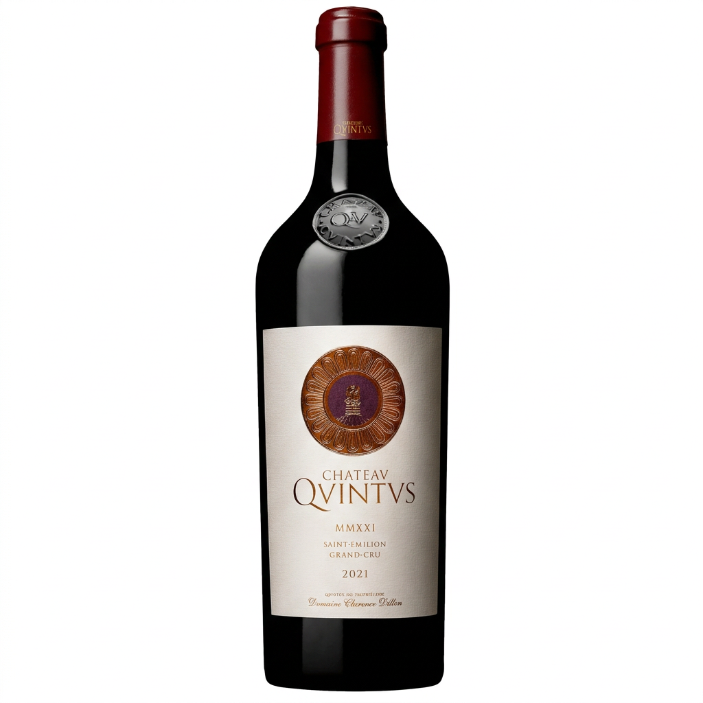 Bottle of Chateau Quintus 2021 red wine from Chateau, showing the wine label and elegant dark bottle design.