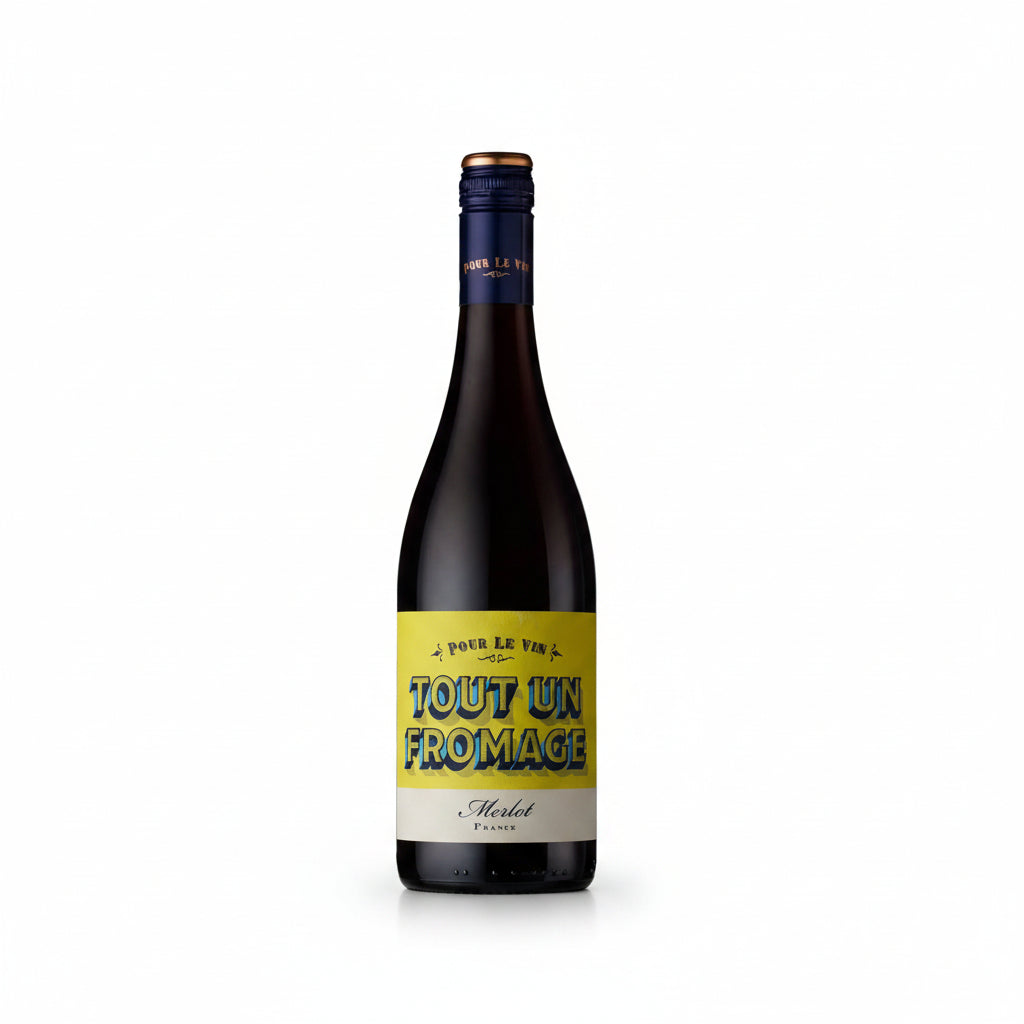Boutinot Pour Le Vin Tout Fromage Merlot wine bottle with label featuring red and gold design, set against a neutral background.