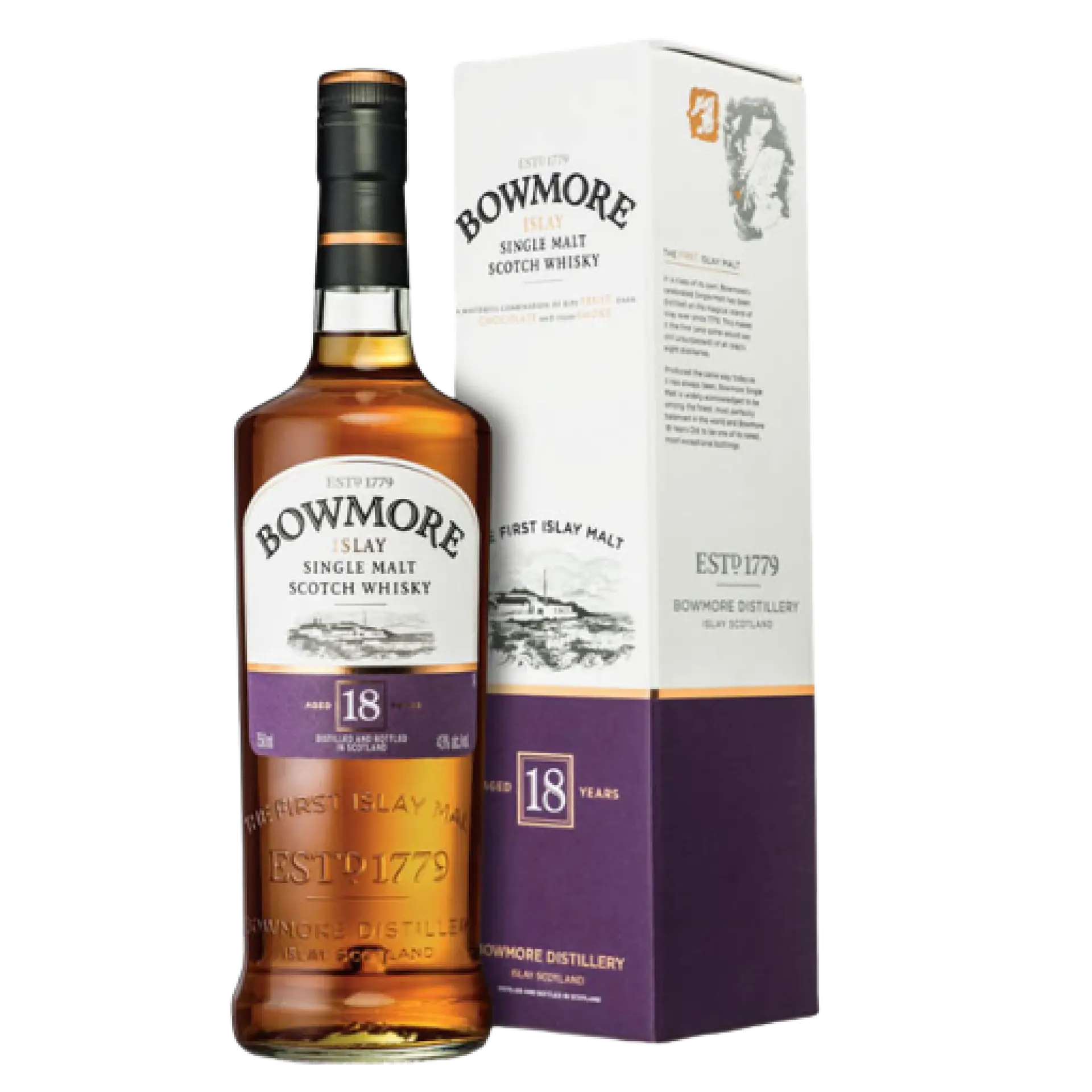 Buy Bowmore 18 Year Old Islay Single Malt Scotch Whisky 750mL, bottle and box displayed.