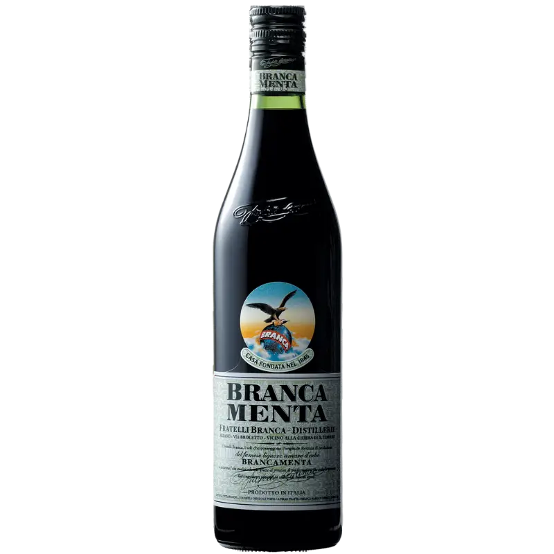 Buy Brancamenta 500mL, herbal mint liqueur bottle, product photo on black background