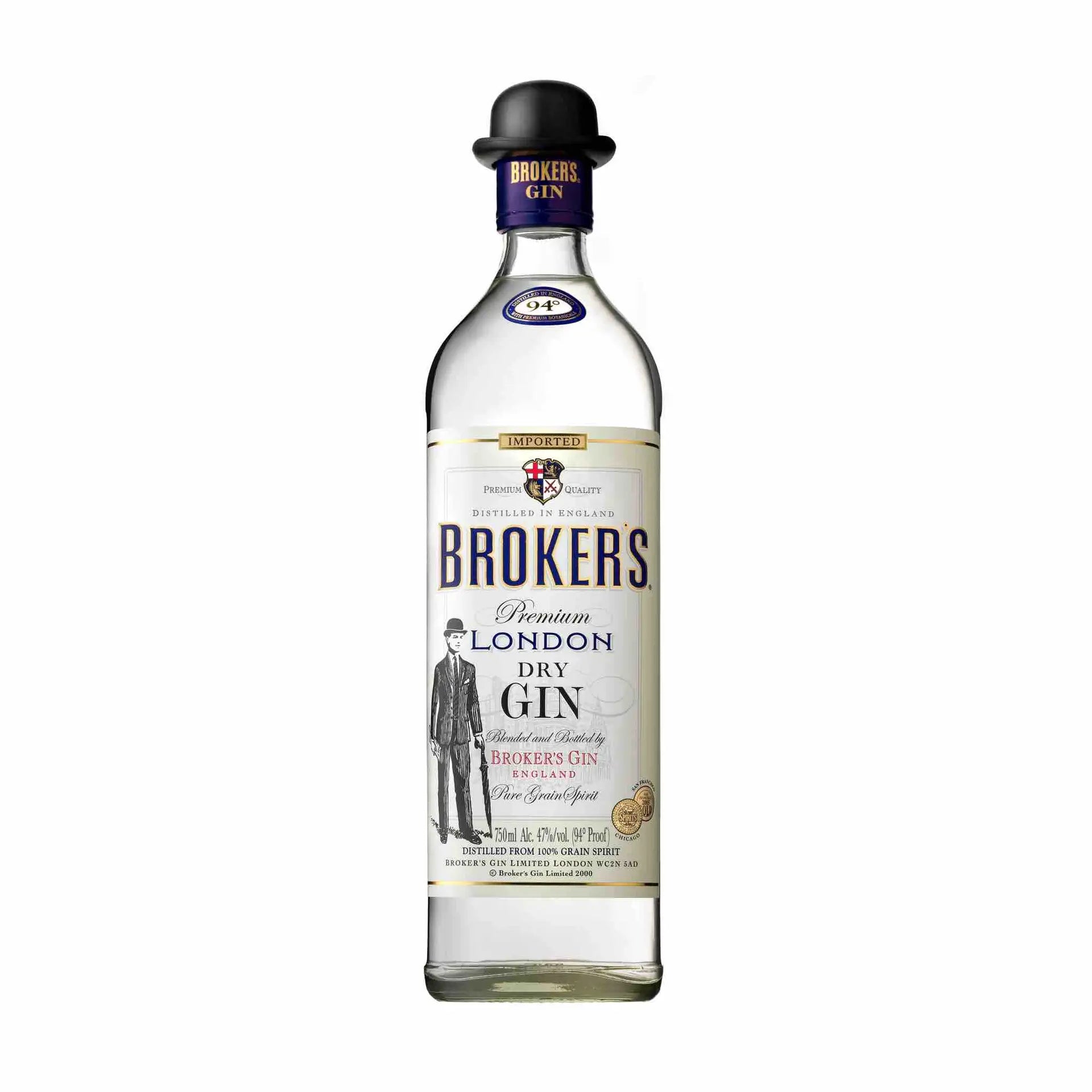 Buy Brokers Premium London Dry Gin 750mL bottle, classic gin with iconic bowler hat cap.