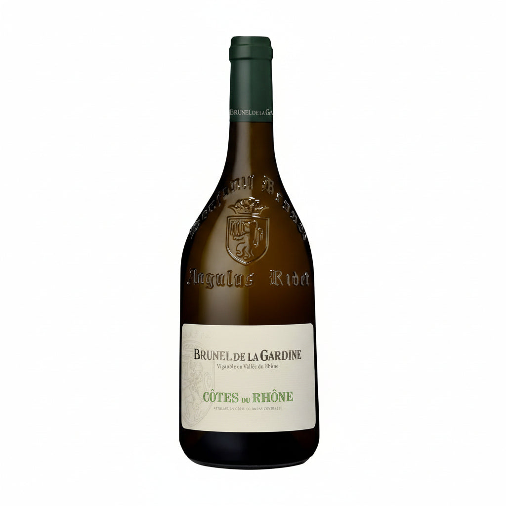 A bottle of Brunel De La Gardine Cotes du Rhone Blanc white wine with a label featuring vineyards and elegant design.