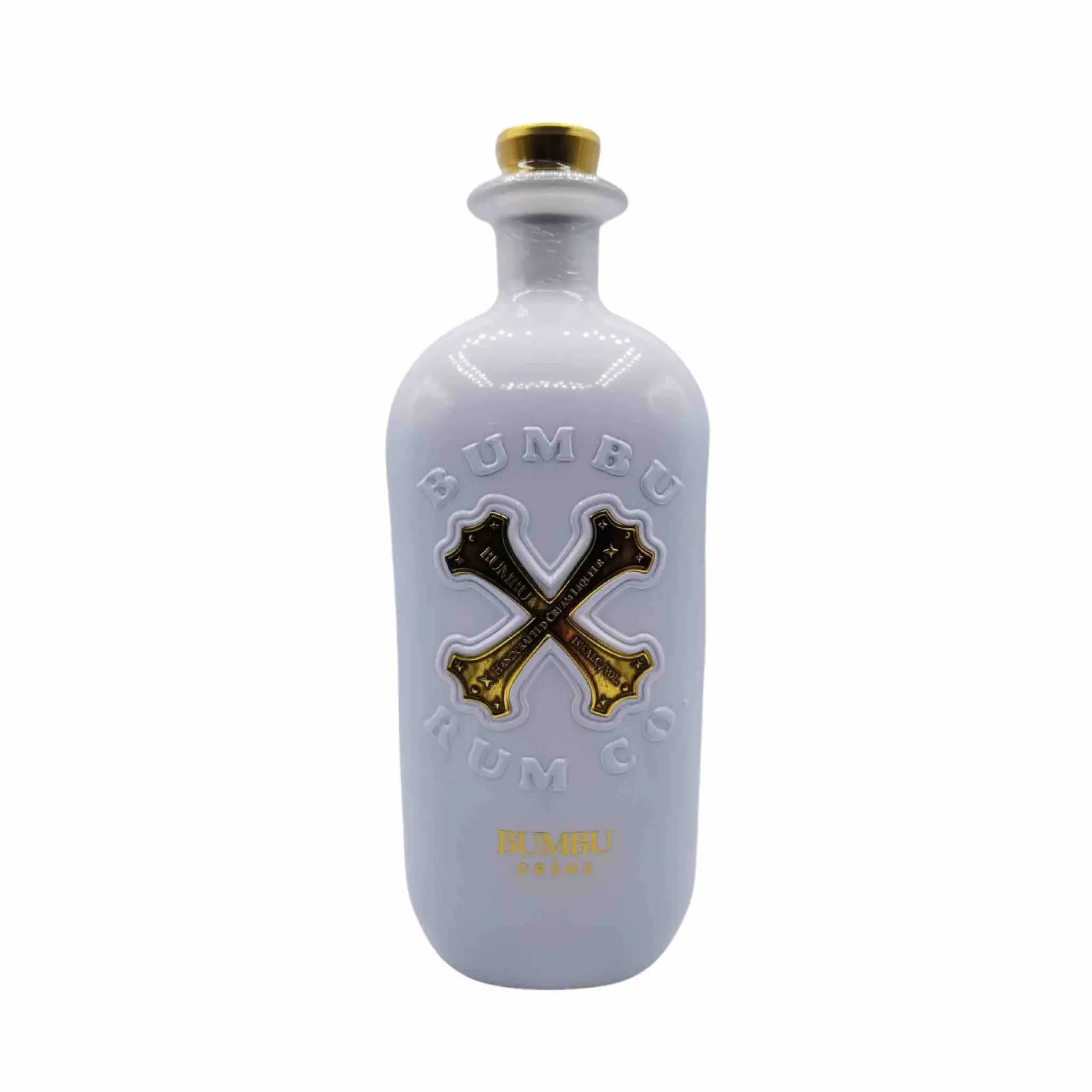 buy Bumbu Creme 750mL, white bottle with gold cross embossed, rum liqueur