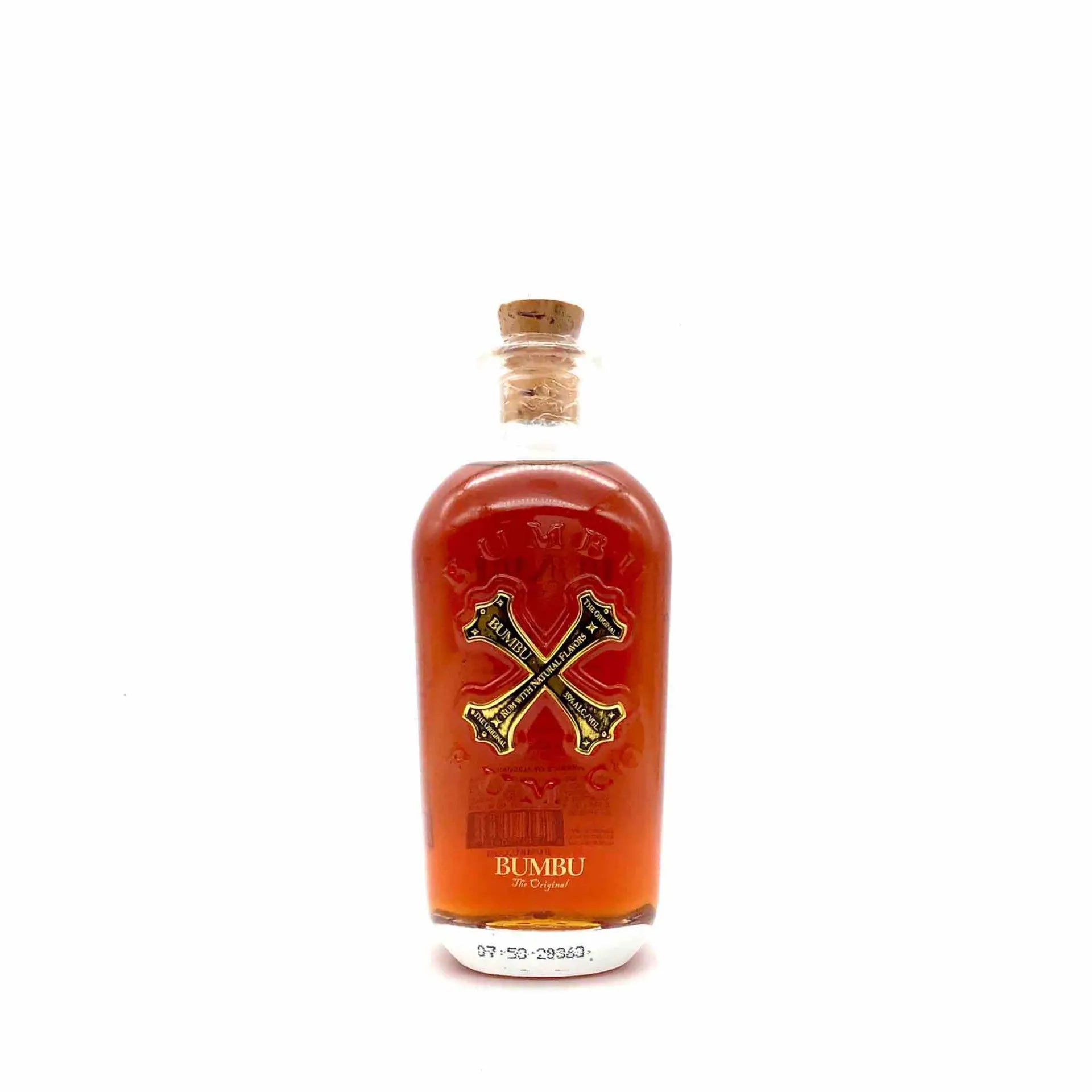 Buy Bumbu Original 375mL rum, brown liquor in clear bottle with cork top on white background