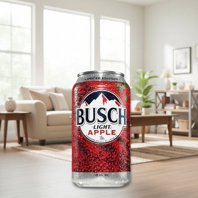 Busch Light Apple 12-pack cans by Labatt, featuring green apple-flavored beer with lime accents, arranged in a transparent pack