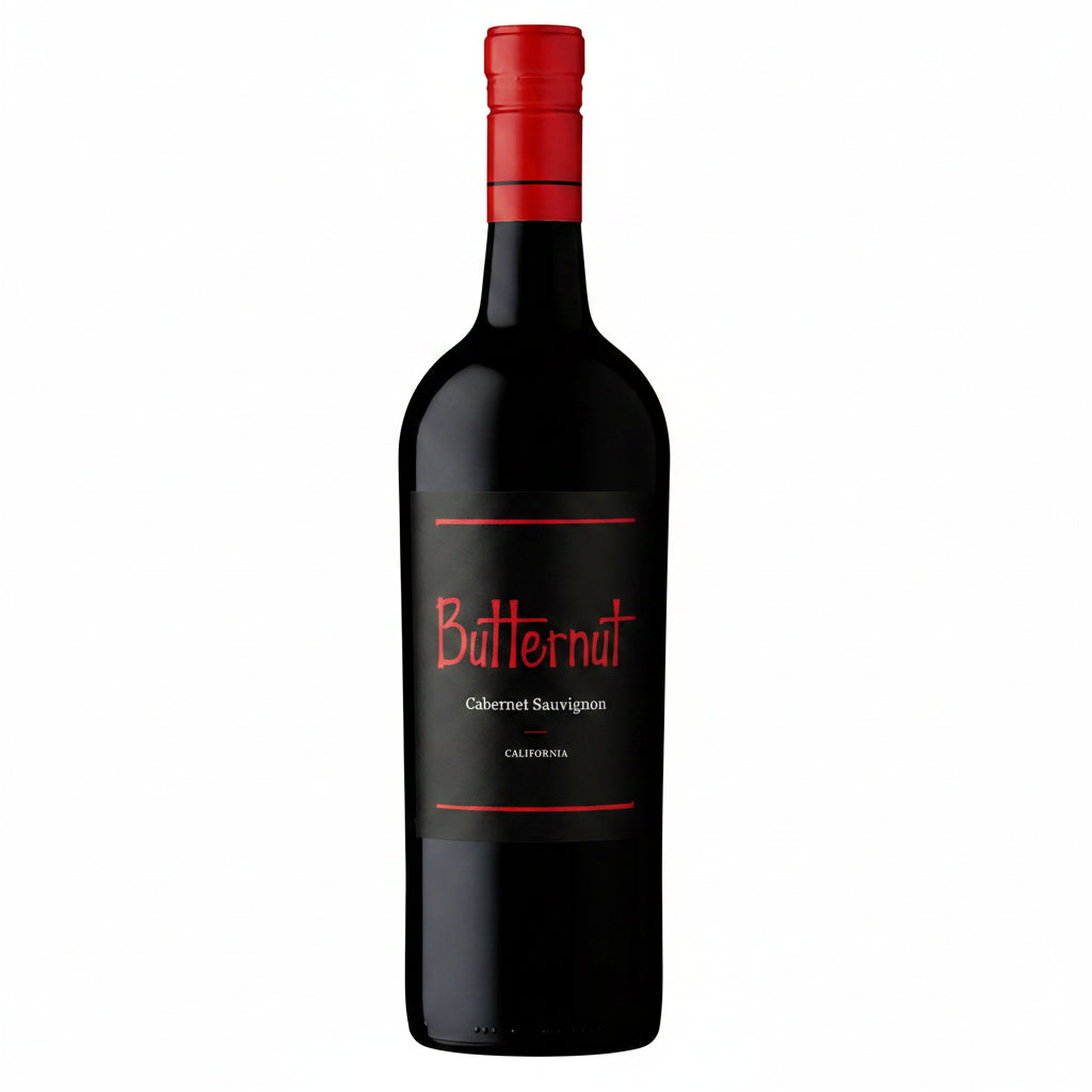 Bottle of Butternut Cabernet Sauvignon red wine with a dark label and a 750mL size.