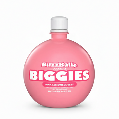 Buzzballz Biggies Pink Lemon Squeezy 1.75L bottle with pink lemon-themed label and clear plastic cap.