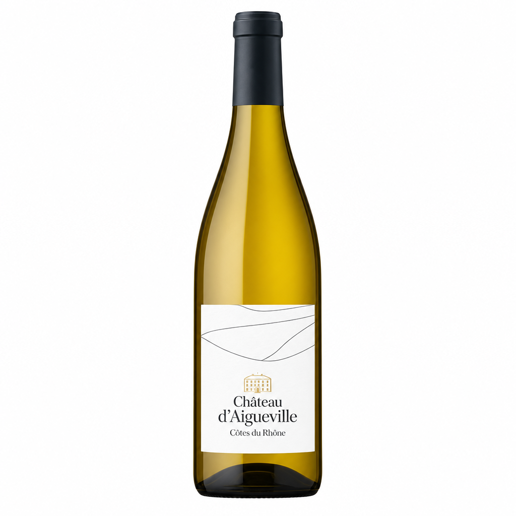 Chateau D'aigueville Cdr Organic Blanc wine CD cover featuring a white label with gold accents and elegant design.