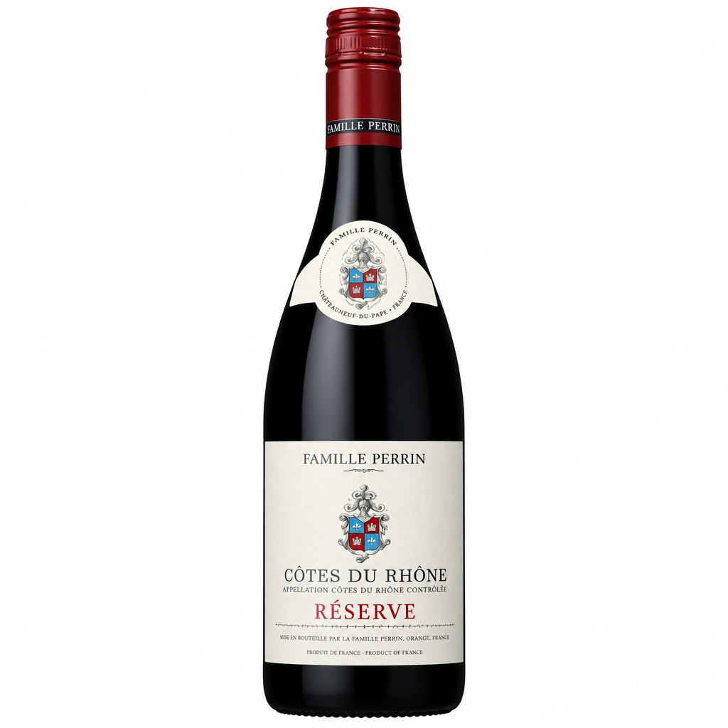 Famille Perrin Cote du Rhone Reserve Rouge wine bottle with screw cap, showcasing the label and deep red color.