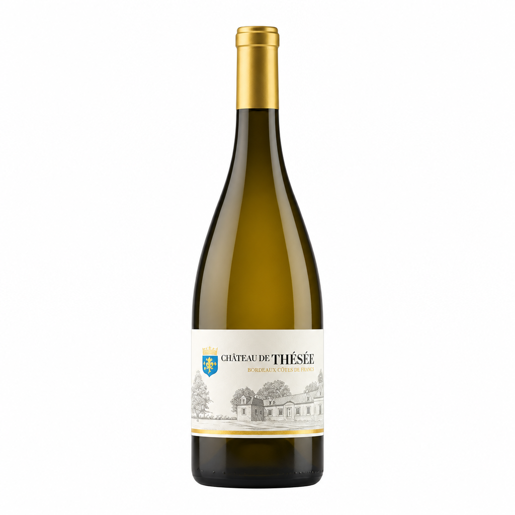 Chateau de Thesee Touraine Sauvignon Blanc wine bottle with label featuring vineyard imagery and elegant design.
