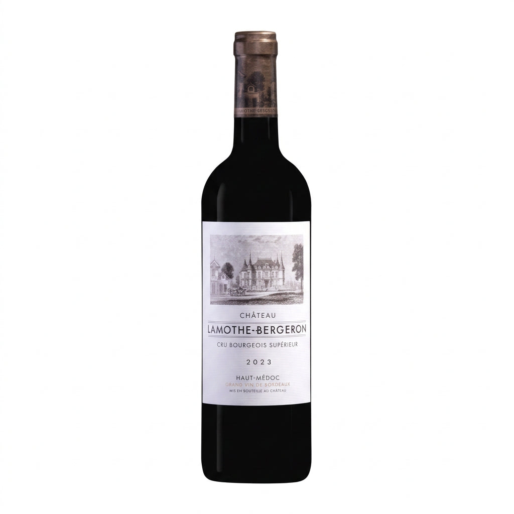 Bottle of Chateau Lamothe-Bergeron Cru Bourgeois 2012 red wine with label visible, set against a neutral background.