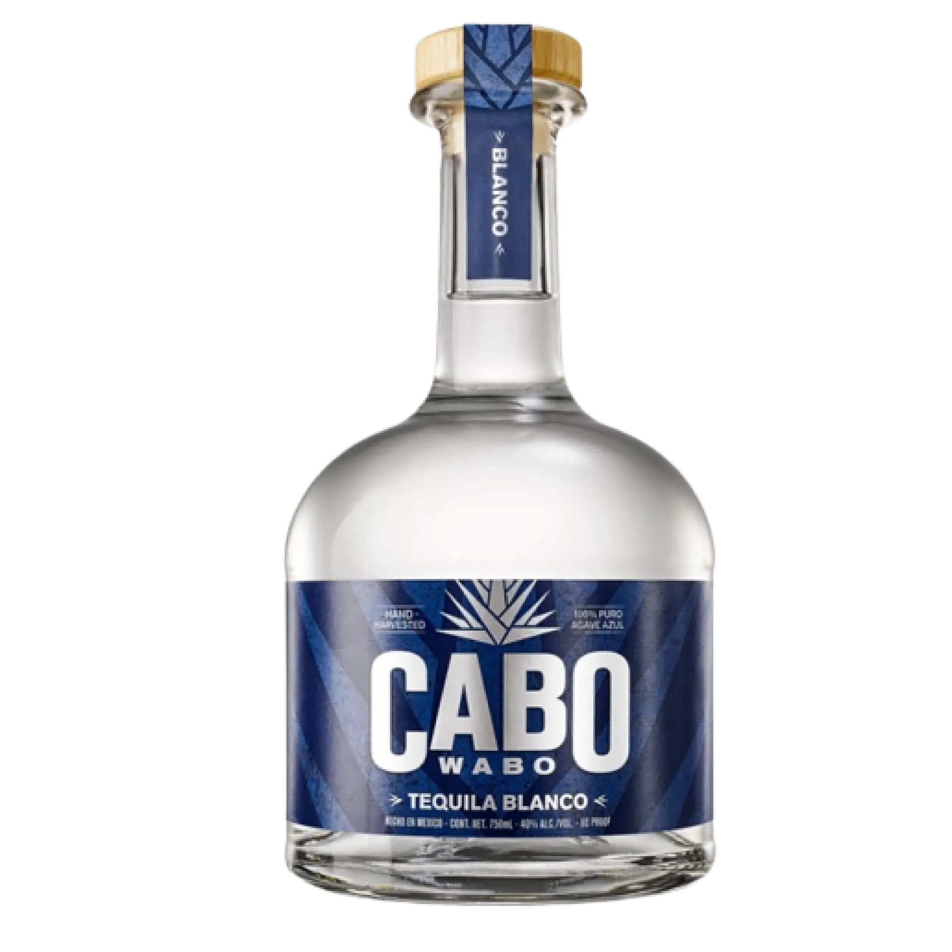 Buy Cabo Wabo Blanco Tequila 750mL, clear bottle with blue label, agave spirit.
