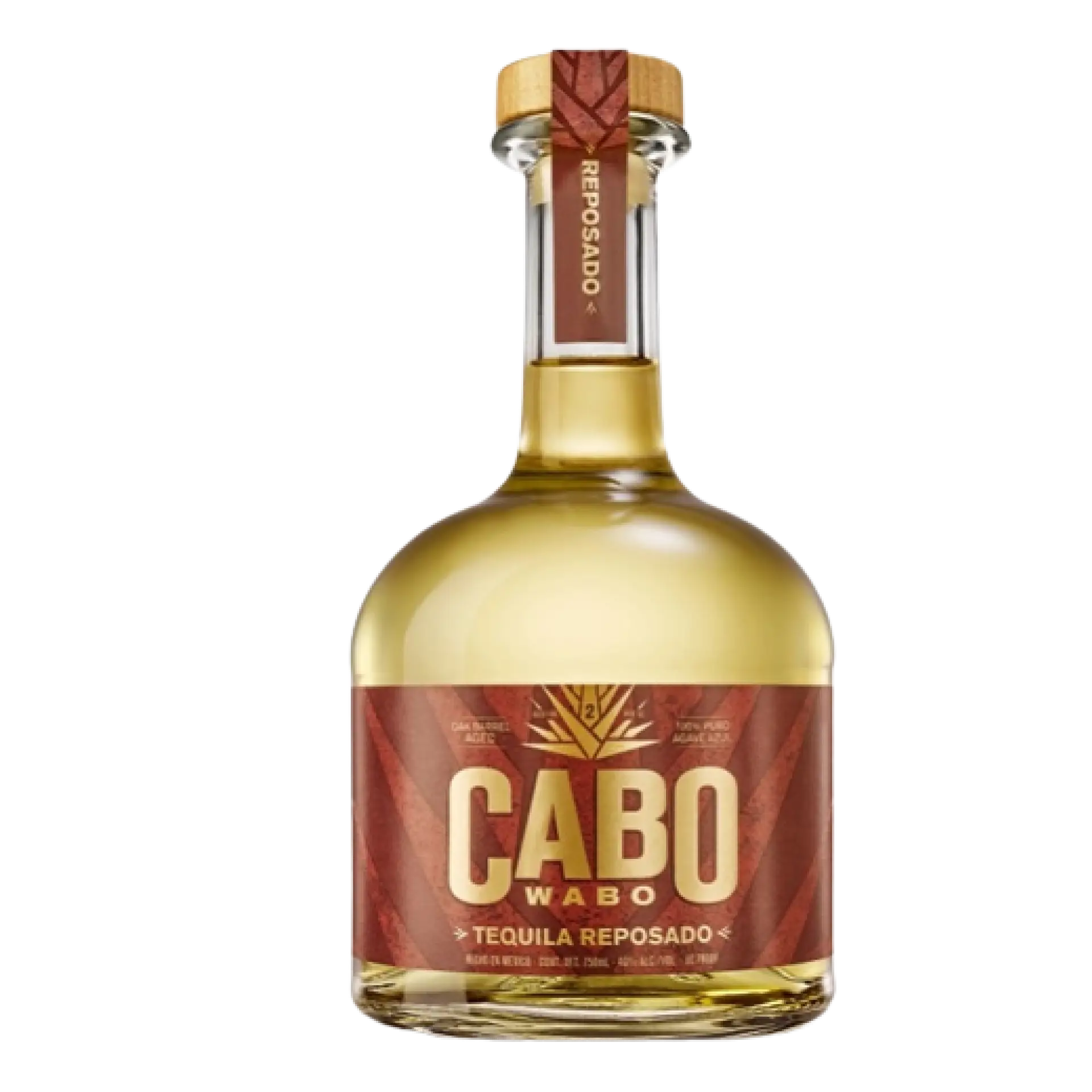 Buy Cabo Wabo Reposado 750mL tequila, clear glass bottle with gold liquid and brown label