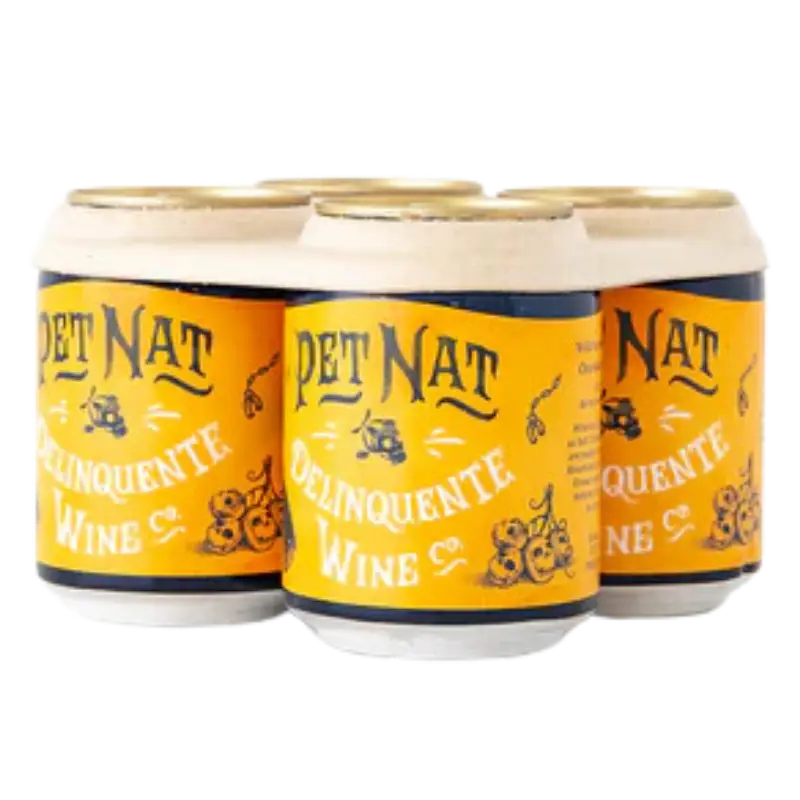 Buy Pet Nat Delinquente Wine Co sparkling wine in 4x250mL cans, bright yellow labels