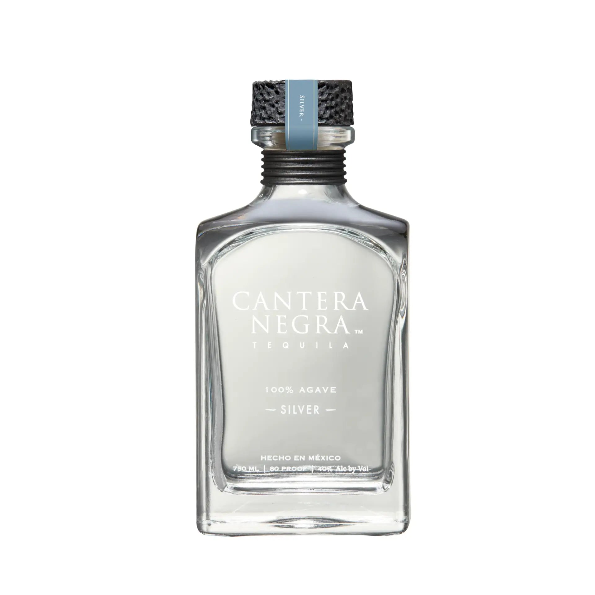 Buy Cantera Negra Silver 750mL clear tequila bottle, 100% agave, premium spirits.