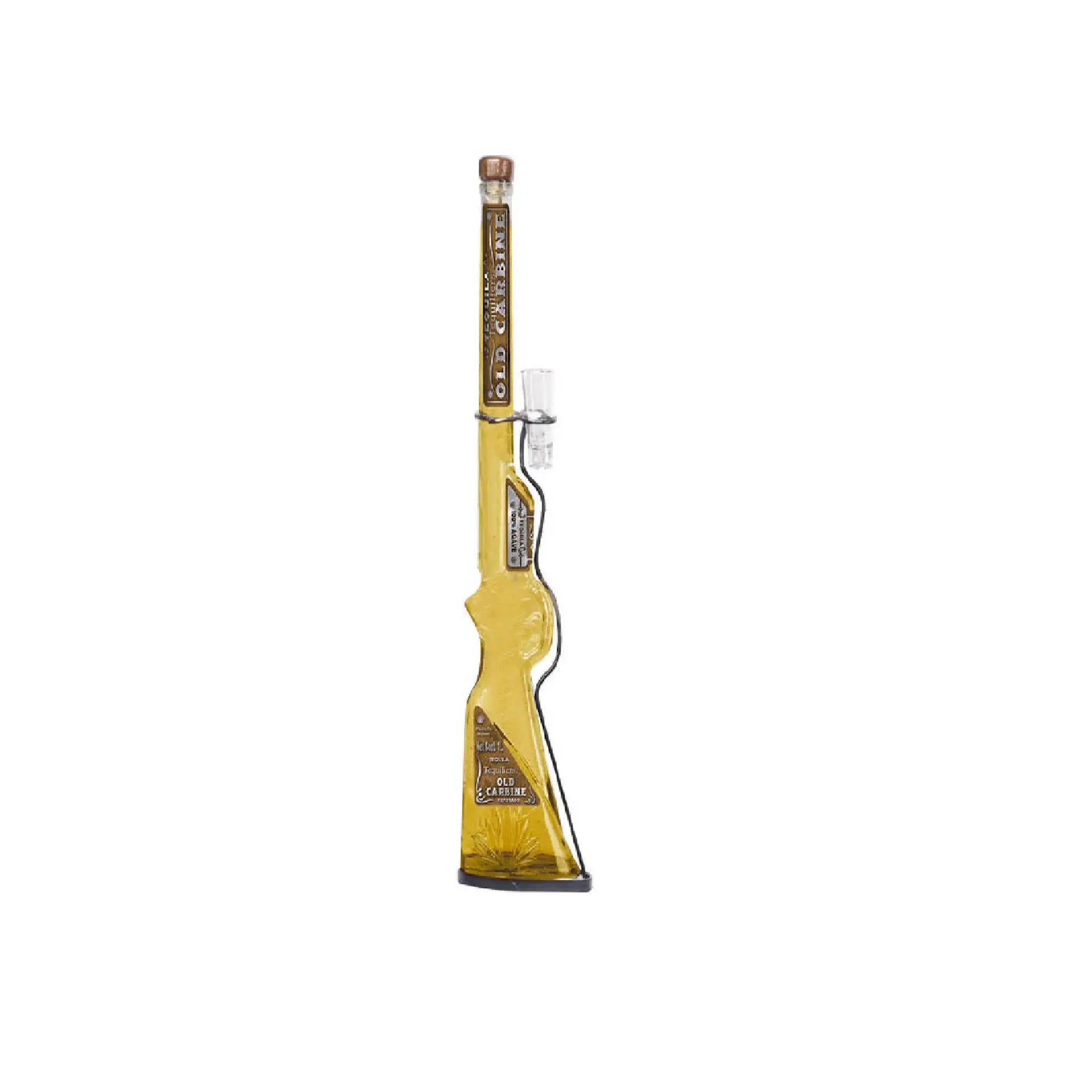 Buy Carbine Gold Tequila in a rifle-shaped bottle, clear glass with golden liquor.