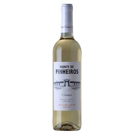 Cartuxa Monte De Pinheiros Branco white wine bottle from Portugal, 750ml, with a label featuring a scenic vineyard image.